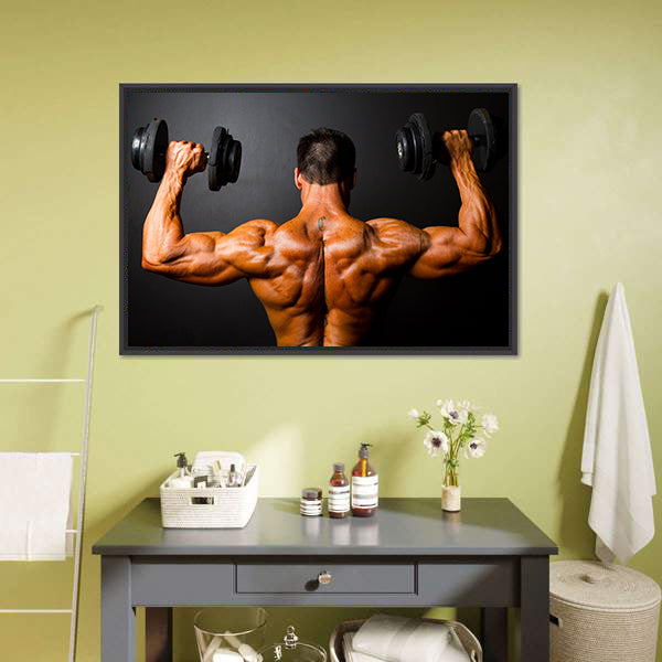 Bodybuilder Training With Dumbbells Canvas Wall Art-5 Horizontal-Gallery Wrap-22" x 12"-Tiaracle
