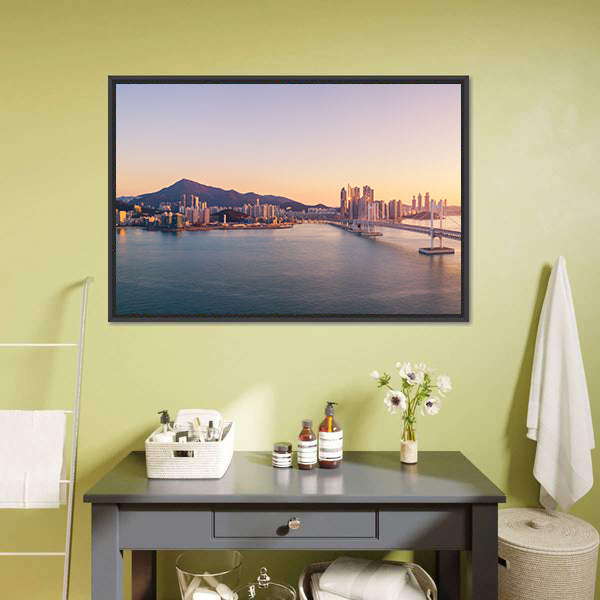 Aerial City Bridge at Sunset Canvas Wall Art