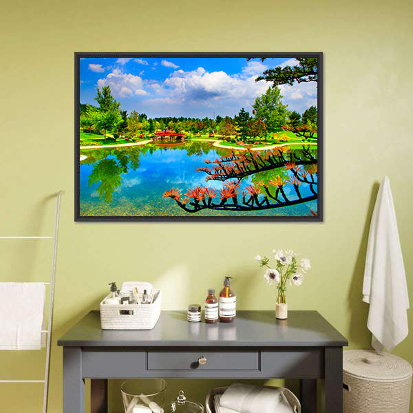 Red Bridge and Reflections in Japanese Garden Canvas Wall Art