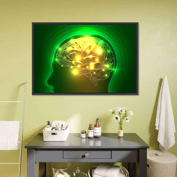 Wireframe Head with Glowing Polygonal Brain Canvas Wall Art