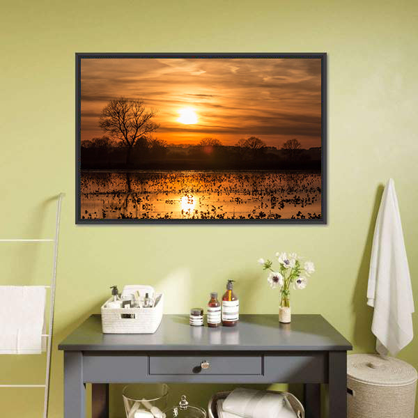 Lake Near Forest At Sunset Canvas Wall Art