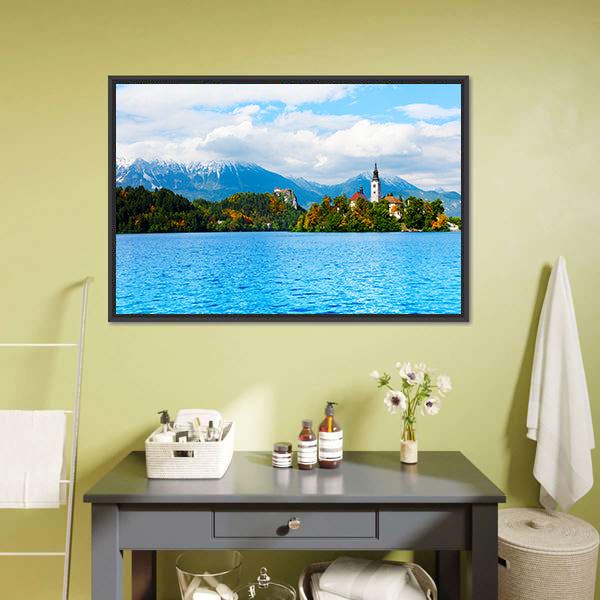 Church And Bled Lake Canvas Wall Art-3 Horizontal-Gallery Wrap-25" x 16"-Tiaracle