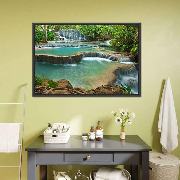 Kuang Si Waterfall Canvas Wall Art-5 Horizontal-Gallery Wrap-22" x 12"-Tiaracle