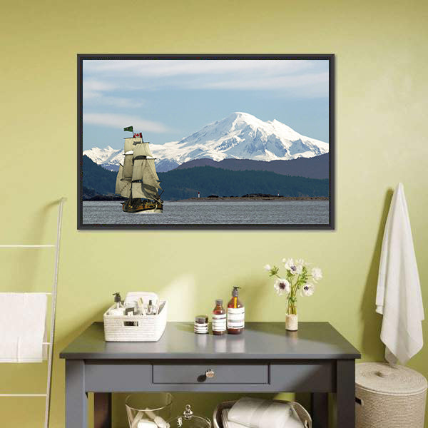Mount Baker & Sailing Ship Canvas Wall Art-5 Horizontal-Gallery Wrap-22" x 12"-Tiaracle