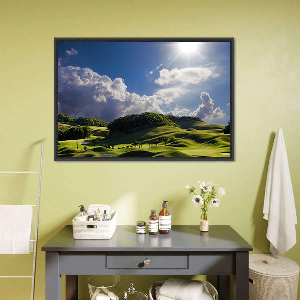 Sunlit Golf Course Over Rolling Hills Canvas Wall Art