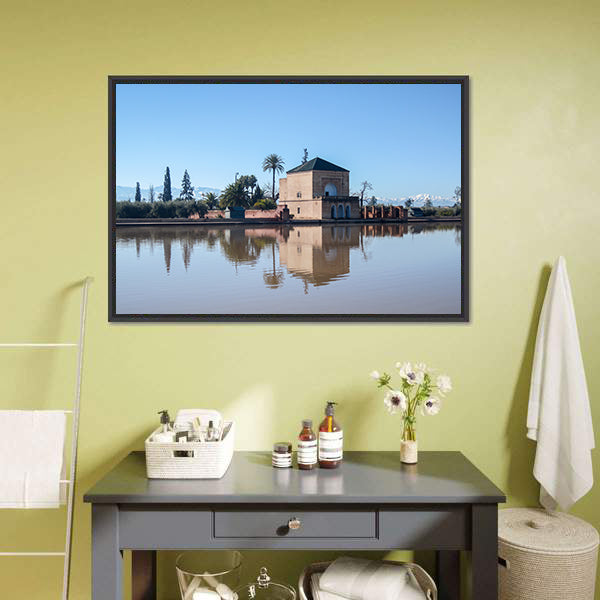 La Menara Reservoir with Palm Reflection Canvas Wall Art