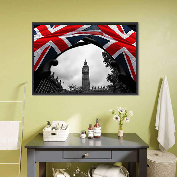 Big Ben With Flag Of England Canvas Wall Art-5 Horizontal-Gallery Wrap-22" x 12"-Tiaracle