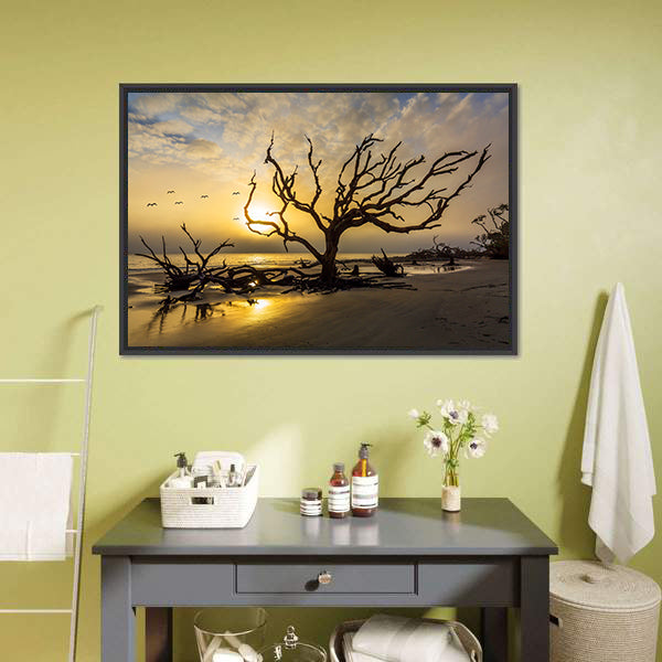 Driftwood Covered Beach Canvas Wall Art-5 Horizontal-Gallery Wrap-22" x 12"-Tiaracle