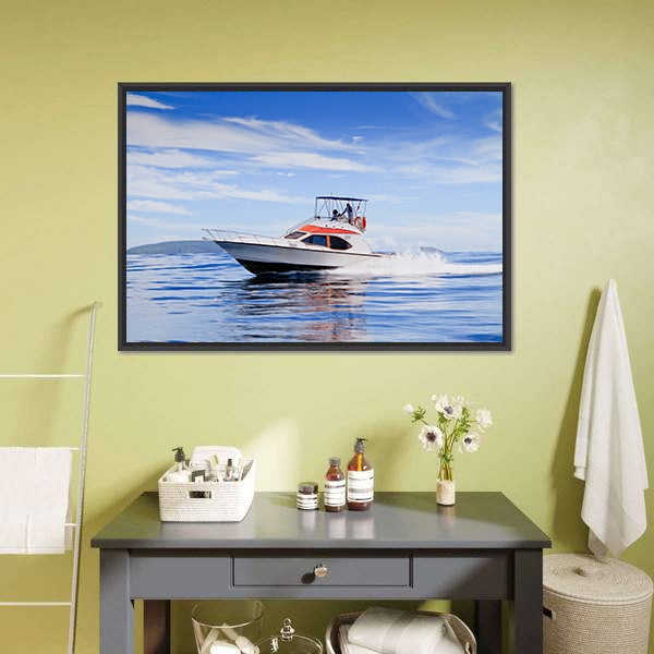 Motorboat In Ocean Canvas Wall Art-5 Horizontal-Gallery Wrap-22" x 12"-Tiaracle