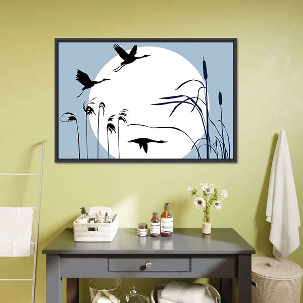 Three Flying Birds Silhouette with Moon Canvas Wall Art