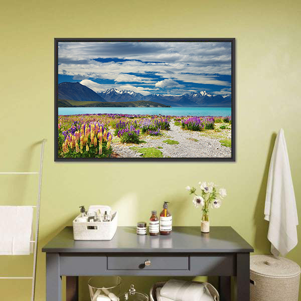 Lake Tekapo with Lupine Path and Mountains Canvas Wall Art