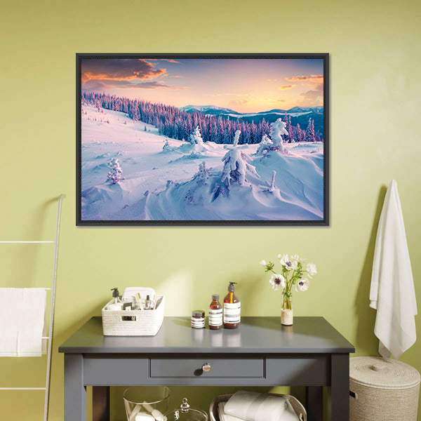 Colorful Winter Sunrise In The Mountains Canvas Wall Art-5 Horizontal-Gallery Wrap-22" x 12"-Tiaracle