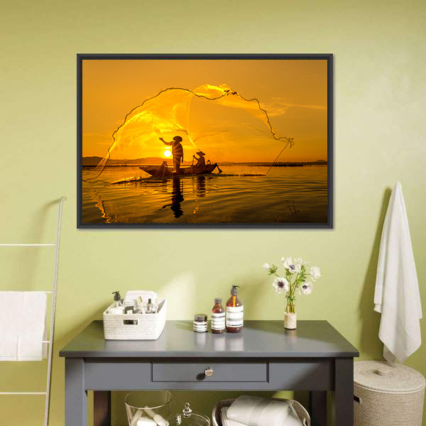 Fisherman Of Bangpra Lake In Thailand Canvas Wall Art-5 Horizontal-Gallery Wrap-22" x 12"-Tiaracle