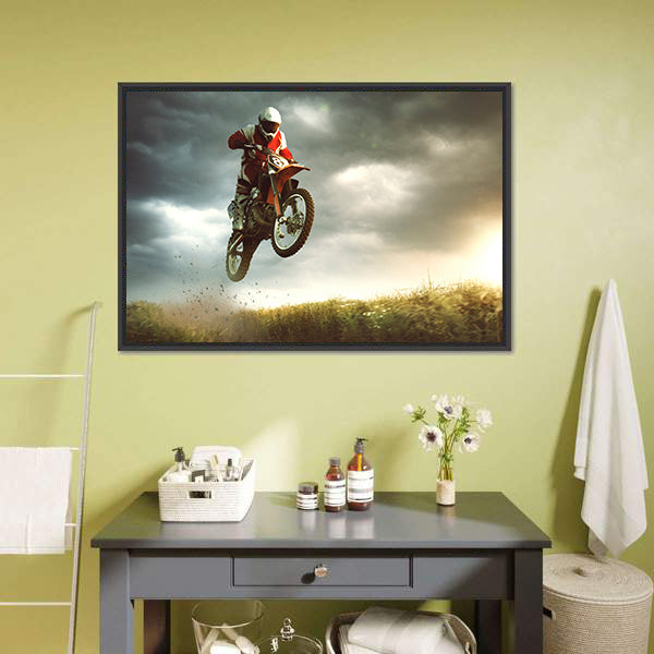 Biker Making A Stunt And Jumps In The Air Canvas Wall Art-5 Horizontal-Gallery Wrap-22" x 12"-Tiaracle