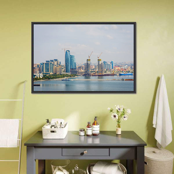 Baku Skyline With Caspian Sea Canvas Wall Art-3 Horizontal-Gallery Wrap-25" x 16"-Tiaracle