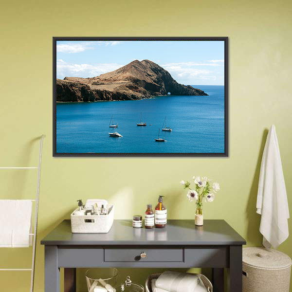 Rocky Island with Anchored Sailboats Canvas Wall Art