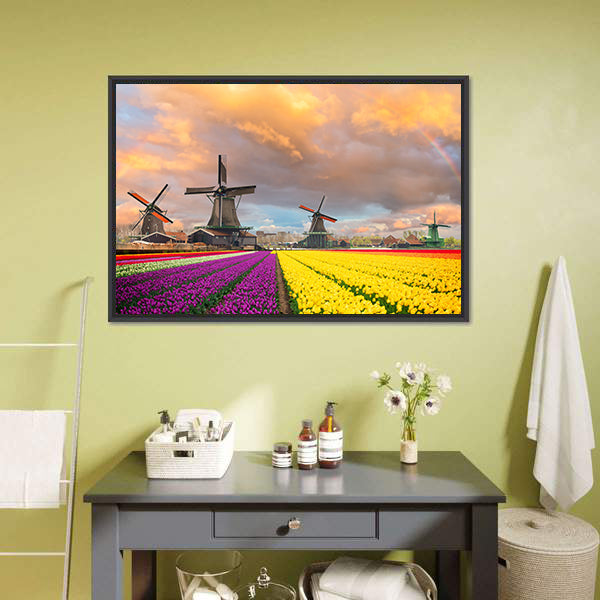 Purple and Yellow Tulip Fields with Windmills Canvas Wall Art