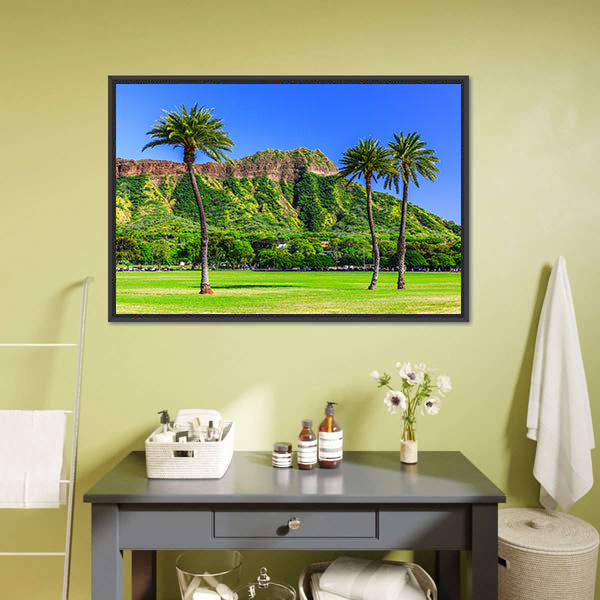 Diamond Head, Honolulu with Palm Trees Canvas Wall Art