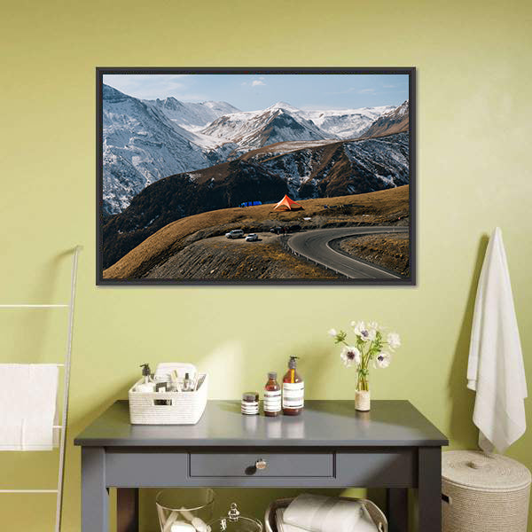 Winding Mountain Road with Snow-capped Peaks Canvas Wall Art