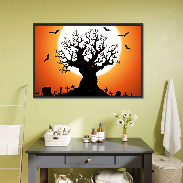 Gnarled Tree and Graveyard at Full Moon Canvas Wall Art