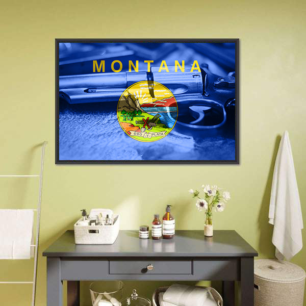Montana Flag With Gun Canvas Wall Art-5 Horizontal-Gallery Wrap-22" x 12"-Tiaracle
