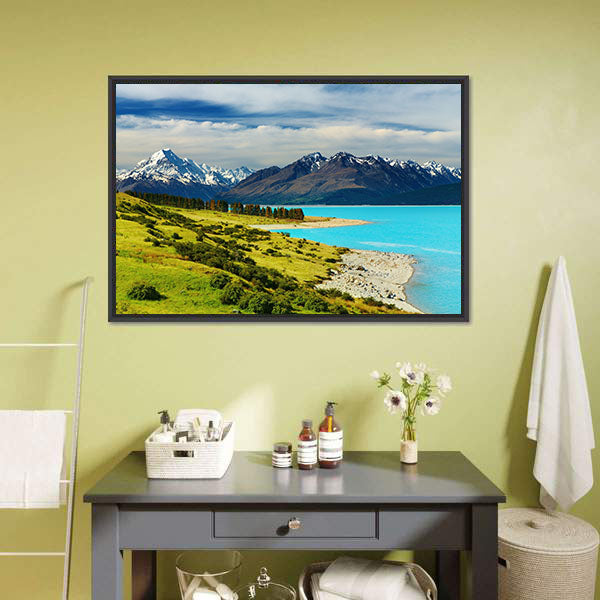 Mount Cook And Pukaki Lake Canvas Wall Art-5 Horizontal-Gallery Wrap-22" x 12"-Tiaracle