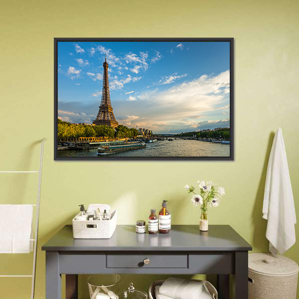 Eiffel Tower and Seine River Canvas Wall Art-5 Horizontal-Gallery Wrap-22" x 12"-Tiaracle