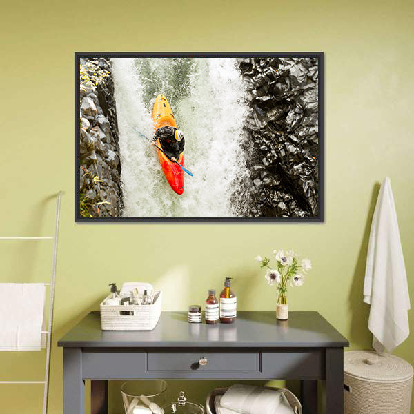 Adventurous Kayaker Navigating Waterfall Canvas Wall Art
