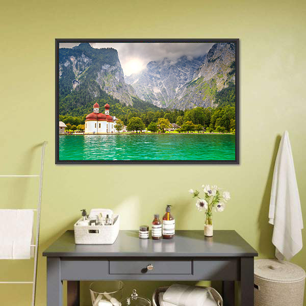 Lake Konigssee with Red-domed Church Canvas Wall Art