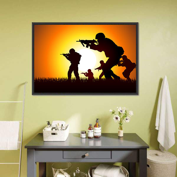 Soldiers Silhouette at Sunset Canvas Wall Art