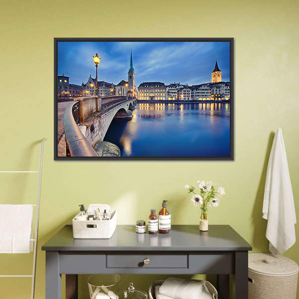 Fraumunster Church At Night Canvas Wall Art-5 Horizontal-Gallery Wrap-22" x 12"-Tiaracle