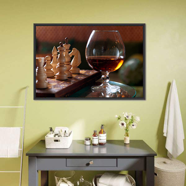 Chess Board And Chess Pieces With Wine Canvas Wall Art-5 Horizontal-Gallery Wrap-22&quot; x 12&quot;-Tiaracle