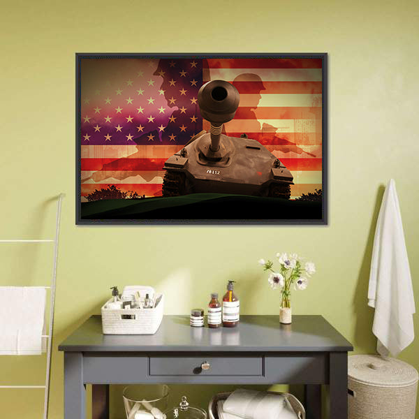 Soldier Silhouette with Tank and American Flag Canvas Wall Art