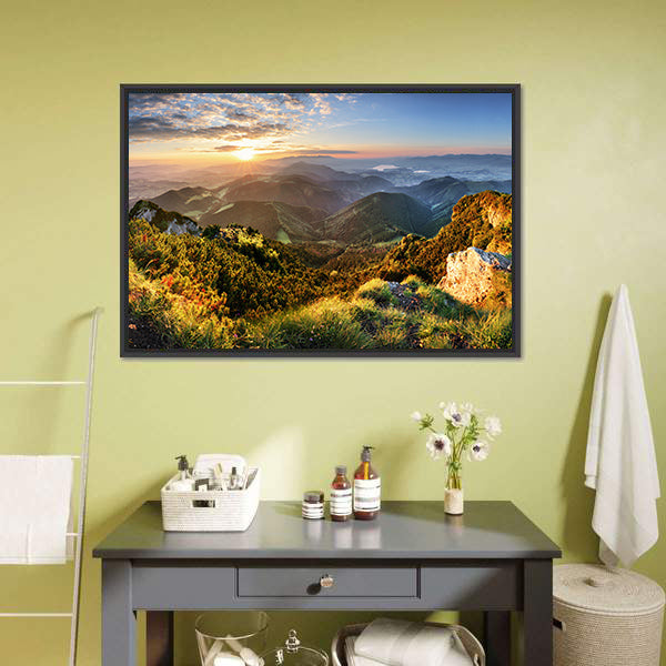 Mountain Forest In Sunlight Canvas Wall Art-5 Horizontal-Gallery Wrap-22" x 12"-Tiaracle