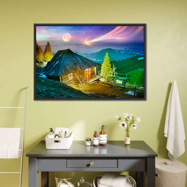 Mountain Cabin Beneath Aurora Borealis Canvas Wall Art