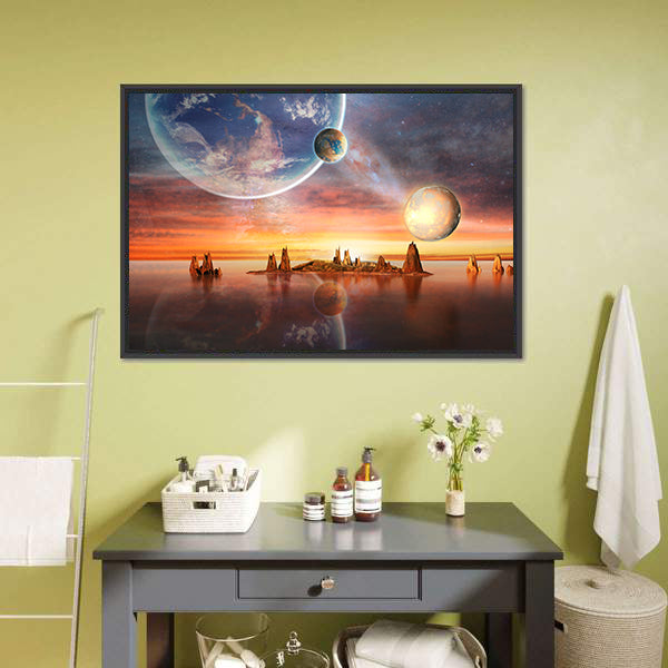 Alien Planet with Multiple Moons at Dusk Canvas Wall Art