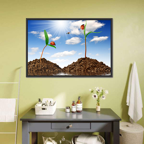 Two Sprouting Plants with Ladybugs Canvas Wall Art