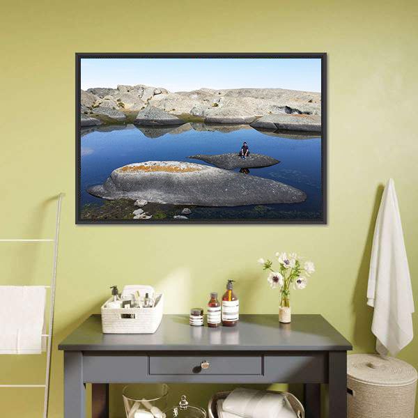 Marcahuasi Lake with Figure on Rock Canvas Wall Art