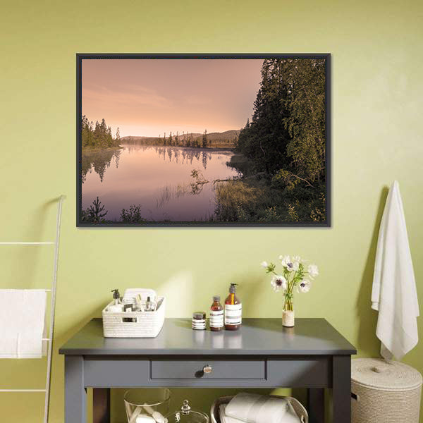 Misty Sunrise Over Lake Canvas Wall Art