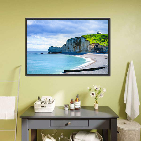 Etretat Cliff And Church Landmark And Its Beach On Morning Canvas Wall Art-5 Horizontal-Gallery Wrap-22" x 12"-Tiaracle