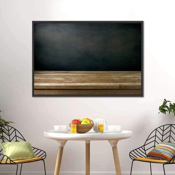 Wooden Table Against Grunge Black Canvas Wall Art