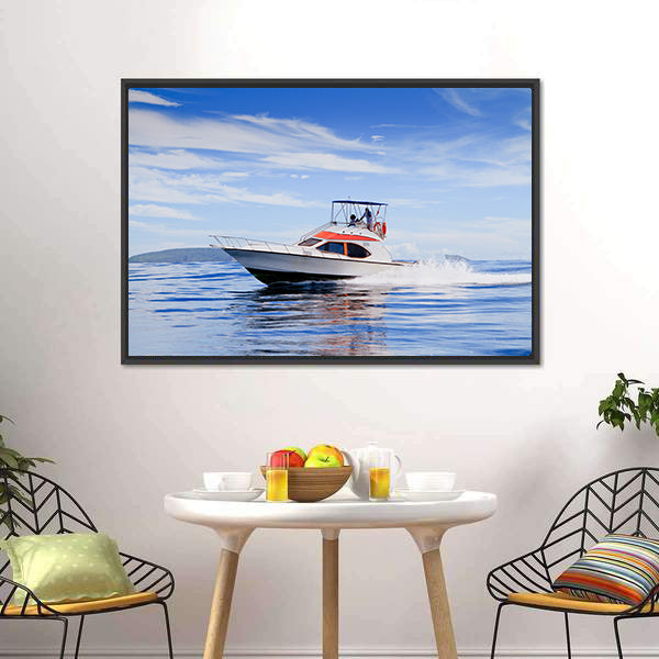 Motorboat In Ocean Canvas Wall Art-5 Horizontal-Gallery Wrap-22" x 12"-Tiaracle