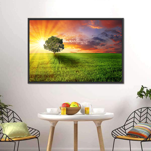 Alone Tree On Green Meadow Canvas Wall Art-5 Horizontal-Gallery Wrap-22" x 12"-Tiaracle