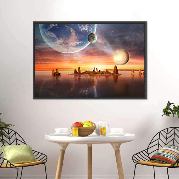 Alien Planet with Multiple Moons at Dusk Canvas Wall Art