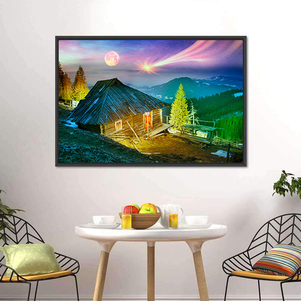 Mountain Cabin Beneath Aurora Borealis Canvas Wall Art