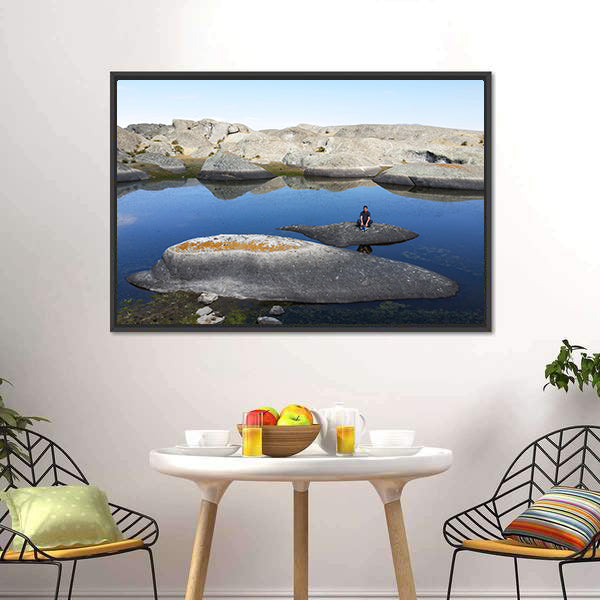 Marcahuasi Lake with Figure on Rock Canvas Wall Art