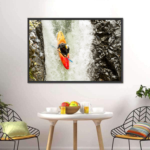 Adventurous Kayaker Navigating Waterfall Canvas Wall Art