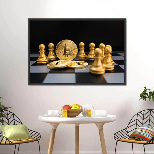 Golden Bitcoin And Chess Board Canvas Wall Art-5 Horizontal-Gallery Wrap-22&quot; x 12&quot;-Tiaracle