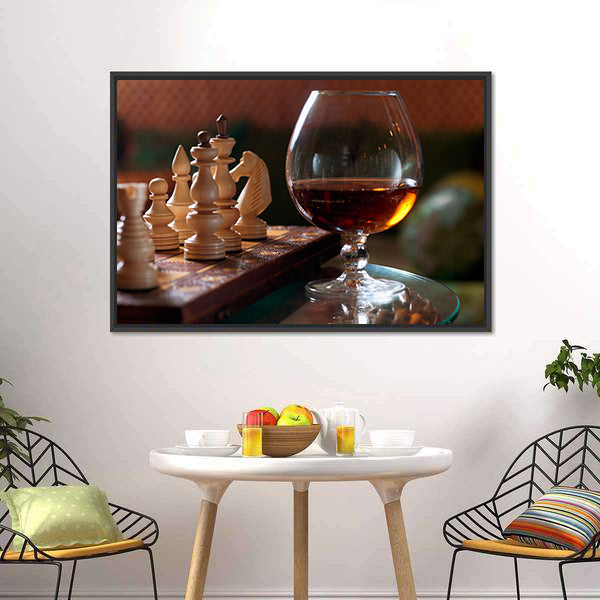 Chess Board And Chess Pieces With Wine Canvas Wall Art-5 Horizontal-Gallery Wrap-22" x 12"-Tiaracle