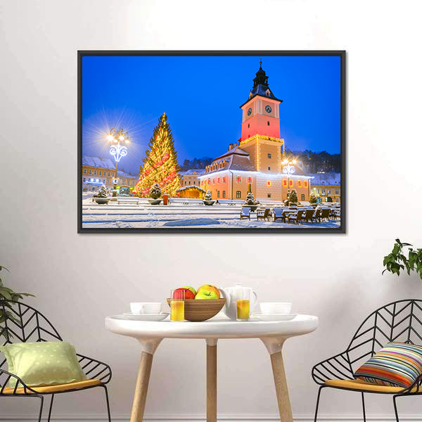 Christmas Market In Brasov Main Square Canvas Wall Art-5 Horizontal-Gallery Wrap-22" x 12"-Tiaracle